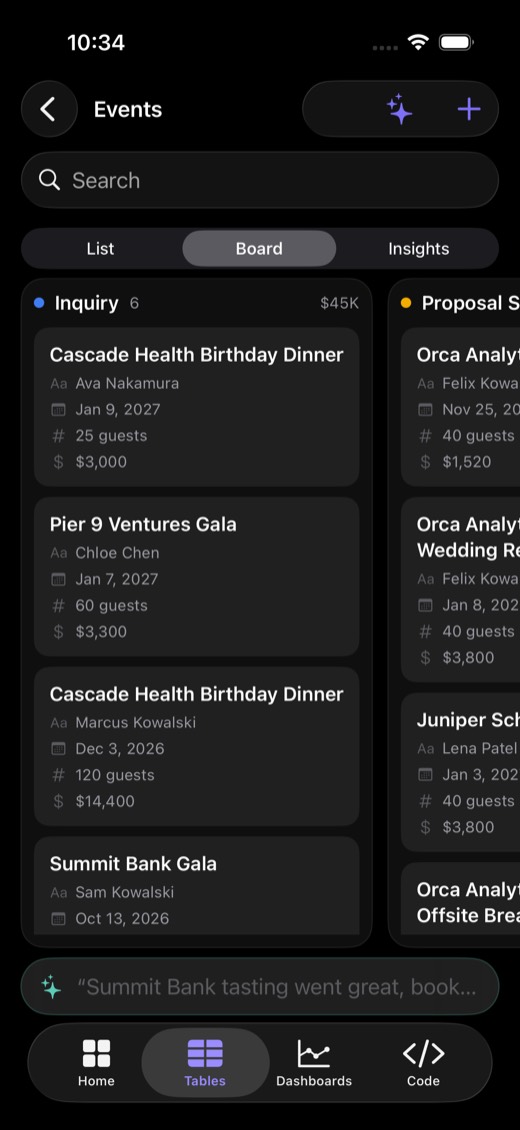 Events table as a Kanban board grouped by stage, with a dollar total per lane