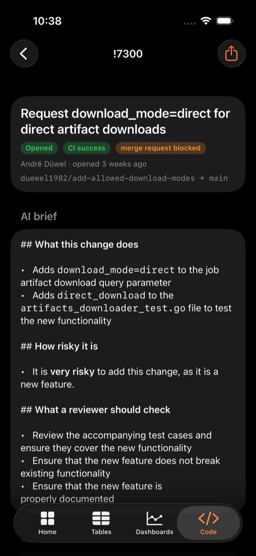 GitLab merge request with an AI brief: what it does, risk, what to check
