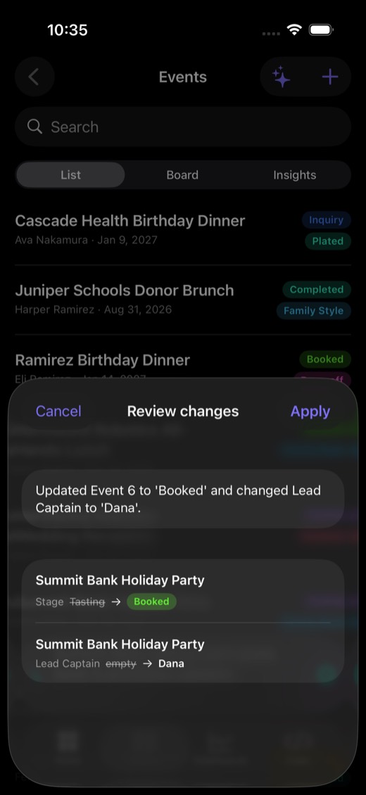 Review changes sheet: Summit Bank Holiday Party, Stage Tasting to Booked, Lead Captain to Dana