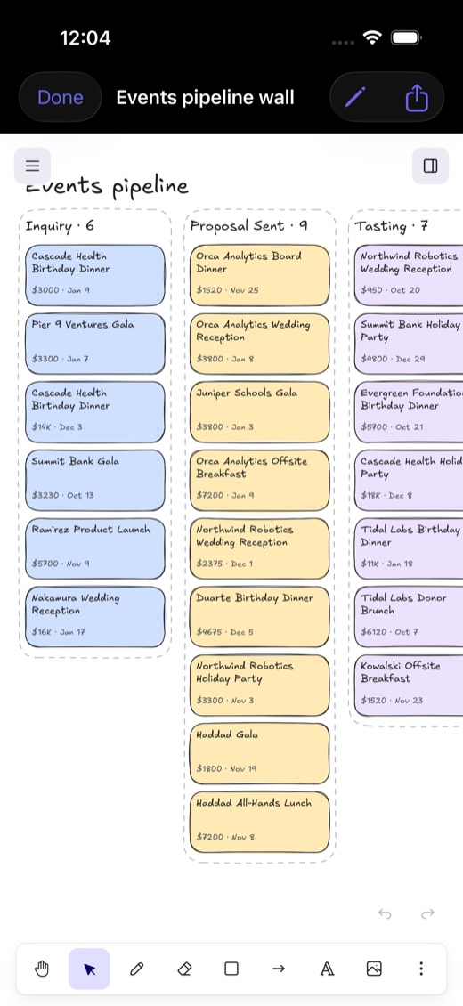 Excalidraw board generated from NocoDB: an events pipeline wall with sticky notes per stage